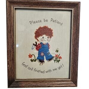 Vintage Little Boy Cross Stitch Decor 80s Please be Patient God Cottage Handmade
